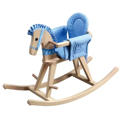 Деревянная лошадка-качалка со съемной защитной подушкой, натуральный/синий